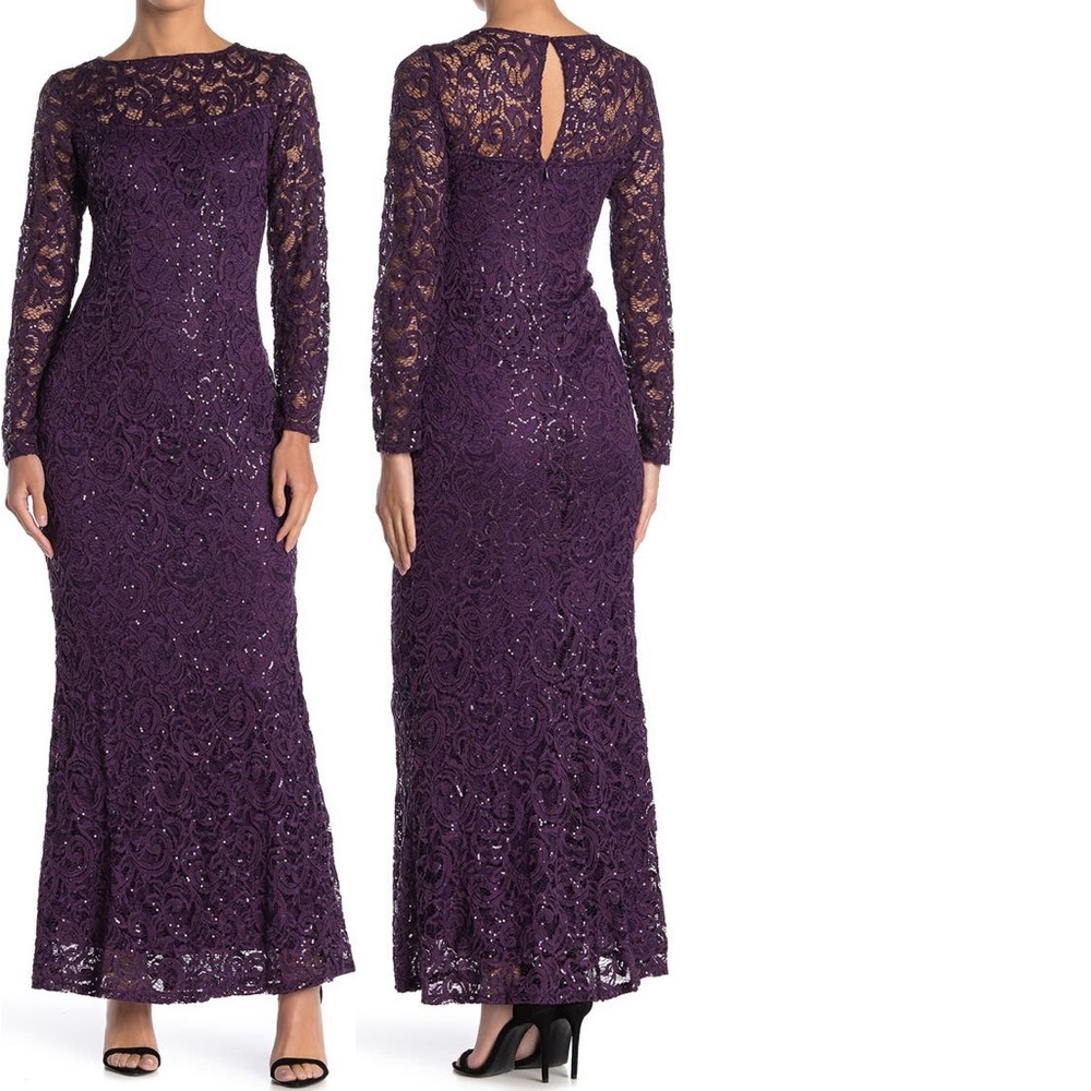 Marina Sequin Lace Long Sleeve Gown